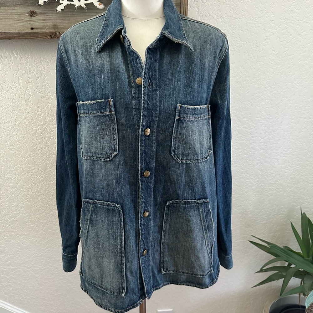 Current/Elliott The Workman Distressed Washed Denim Button-Up Jacket - Blue L